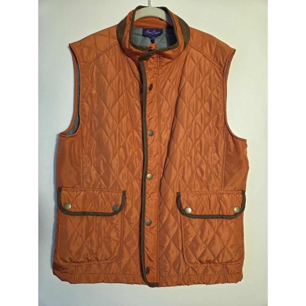 New Alan Flusser Quilted Vest Faux Leather Trim Mens Sz L Mid Length Zip & Snap